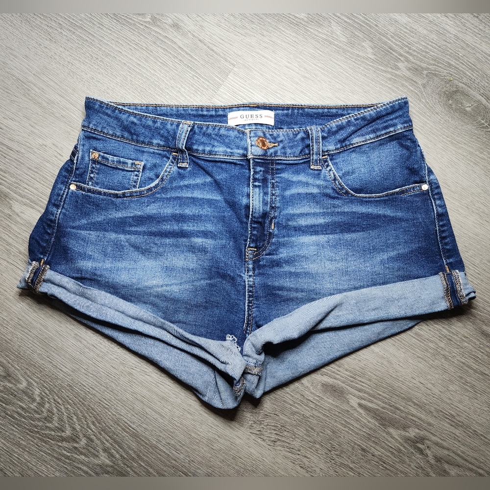 GUESS Mini Denim Shorts Womens Blue Faded 10 Inch Rise Rolled Hem Size 29